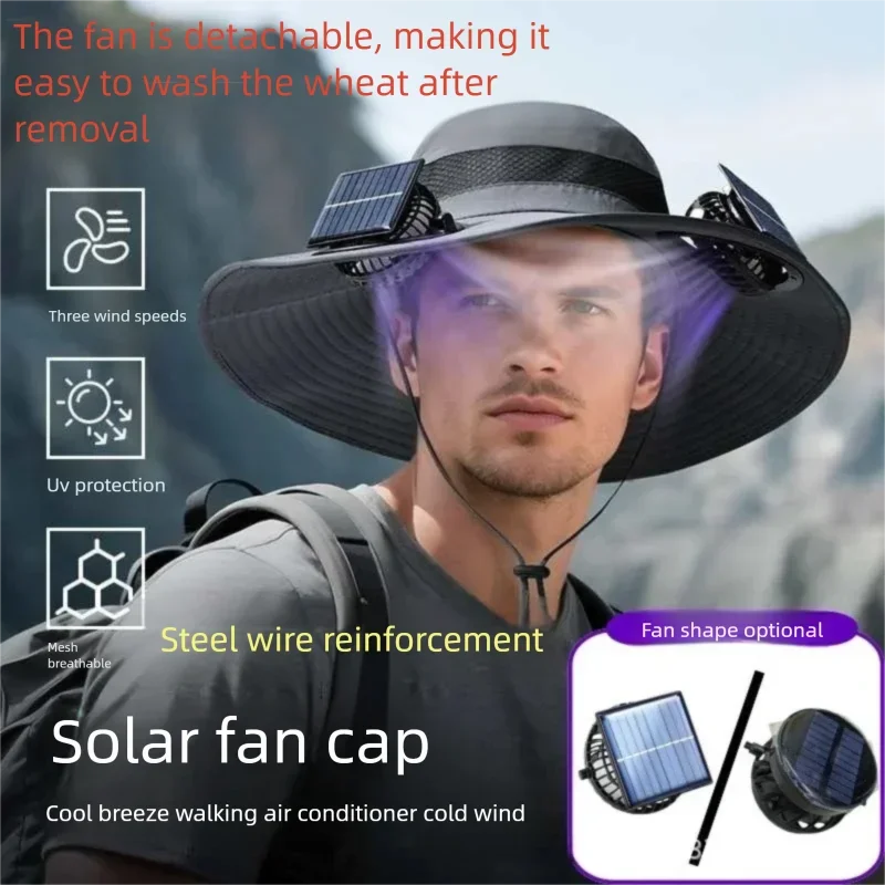 Wide Brim Solar Dual Fan Hat with Solar Powered Summer Fisherman Hat for Men UPF50 Anti-UV Sunshade Hat Outdoor Hiking Camping
