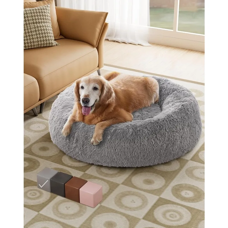 Calming Donut Dog and Cat Bed - 20 inch Waterproof, Zipper Cover, Plush Polyester, Soothing Support for Muscle Pain