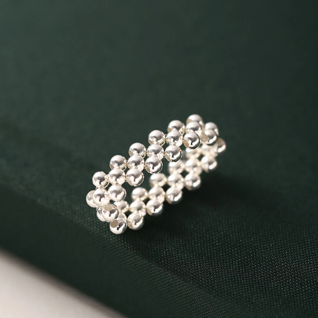 Min 56.5mm S925 Sterling Silver Beaded Stretch Ring for Women Minimalist Dainty Rice Bead Elastic Band Finger Ring Index