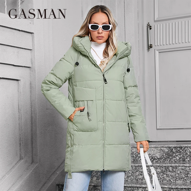 GASMAN 2024 Women Down Jacket Medium Classic zipper design Big Pocket Stand Collar Hooded Slim coat Women Parkas 83356