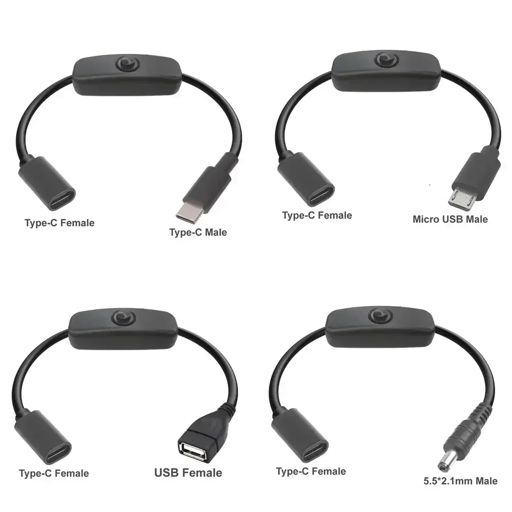 5V USB Type C With ON/OFF Switch Power Button Charging Extension Cable, USB C PD to Micro USB/DC 5.5x2.1mm Adapter Cable