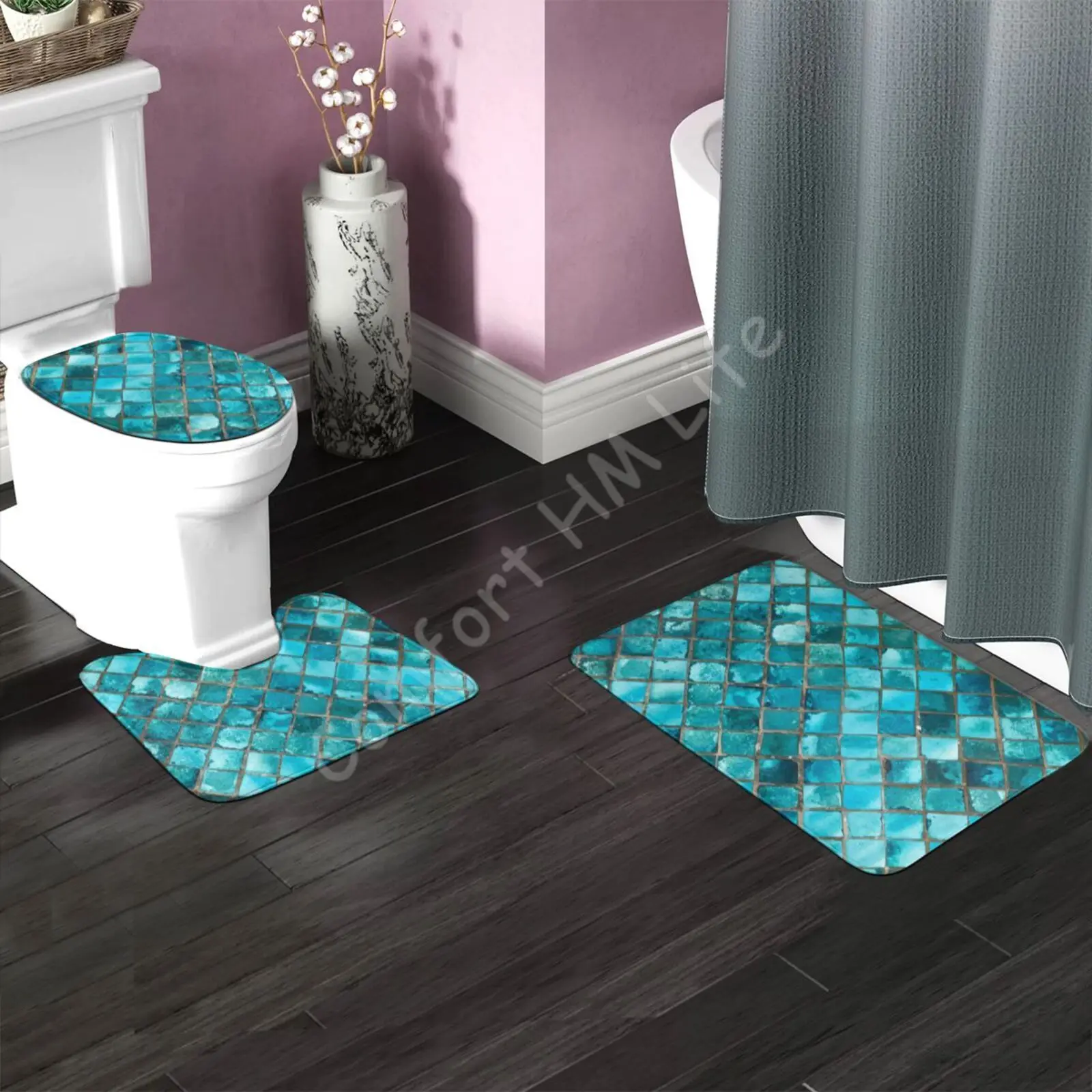 Turquoise Blue 3 Pcs Toilet Cover Non Slip Mat Bathroom Rugs Set Soft Toilet Seat Bath Mat Set Accessories for Bathroom Decor