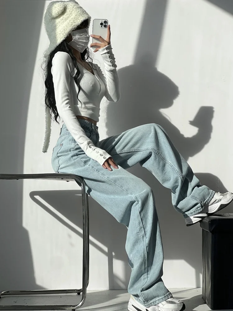 American Sle High Waist Wide Leg Jeans Women's Four Season Small Size Straight Loose Leg Covering Light Blue Floor-Length P...