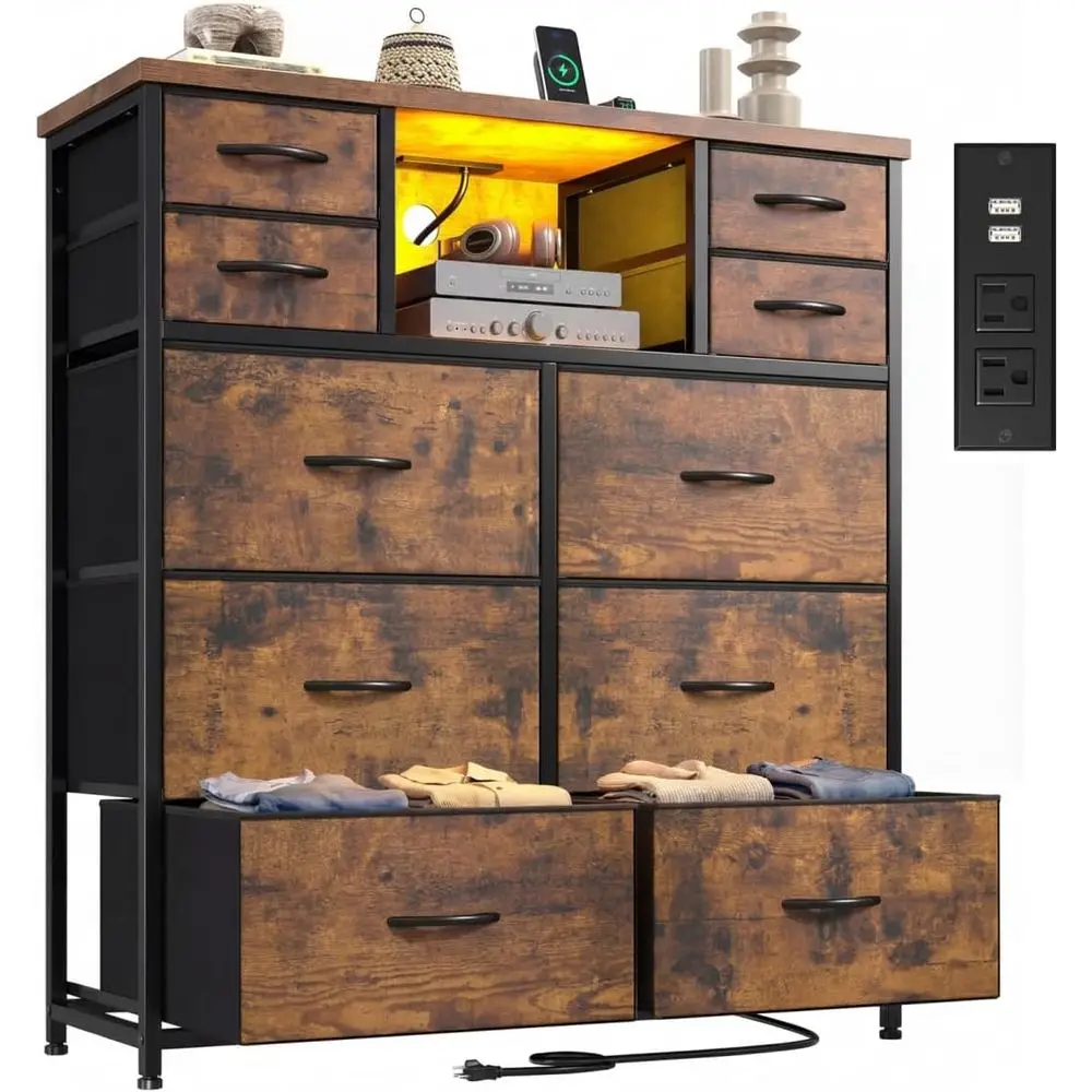 

10-Drawer Dresser with Charging Station and LED Lights, 2-Tier Wooden Shelf Dresser, Deep Fabric Chest Organizer for Hallway or