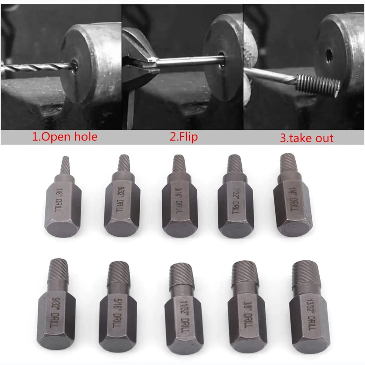 10 PC Screw Extractor Set Hex Head Multi-Spline for Damaged Broken Deformed Screws