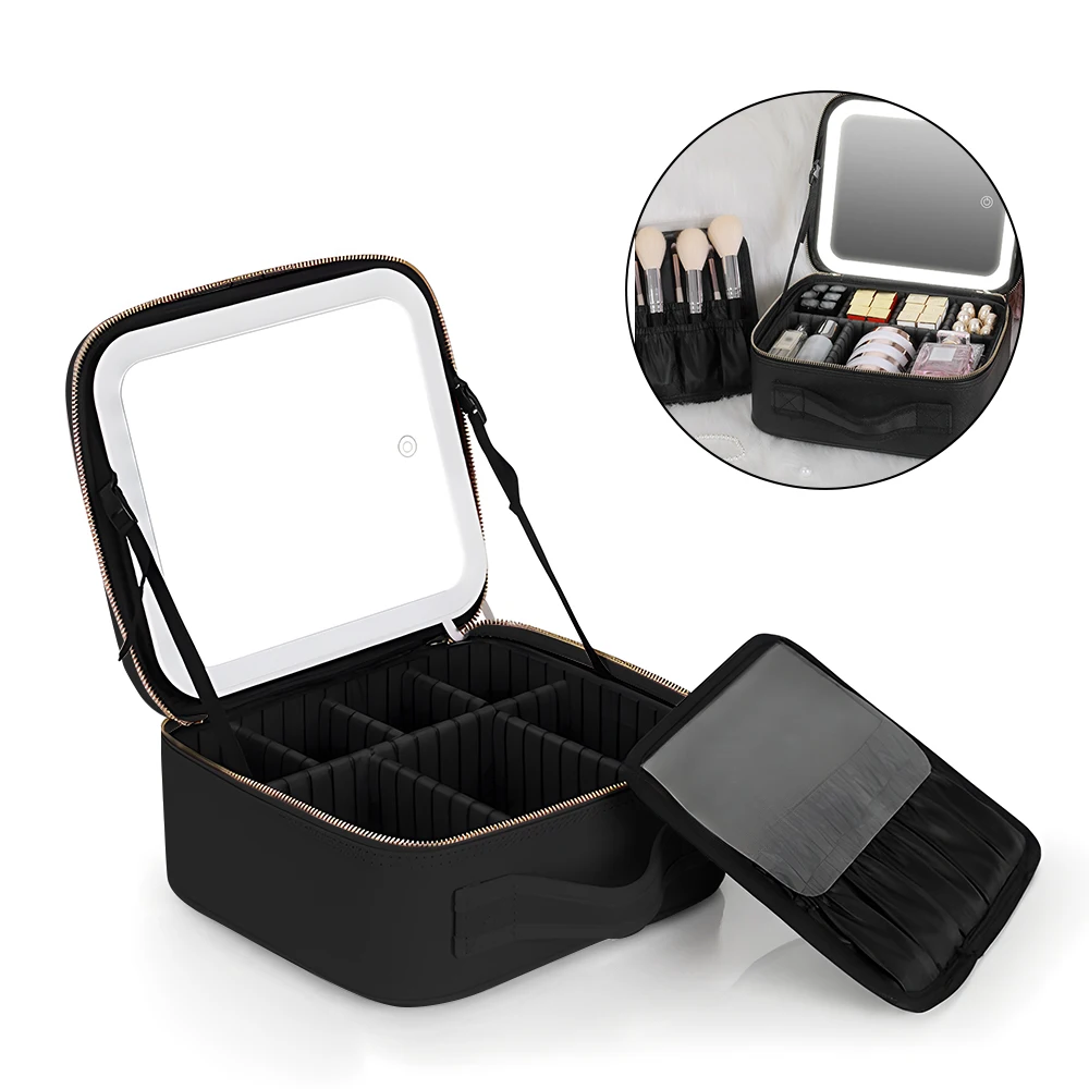 

Travel Makeup Bag with Light Up Mirror 3 Color Lights Adjustable Rechargeable Cosmetic Train Case Organizer Adjustable Dividers