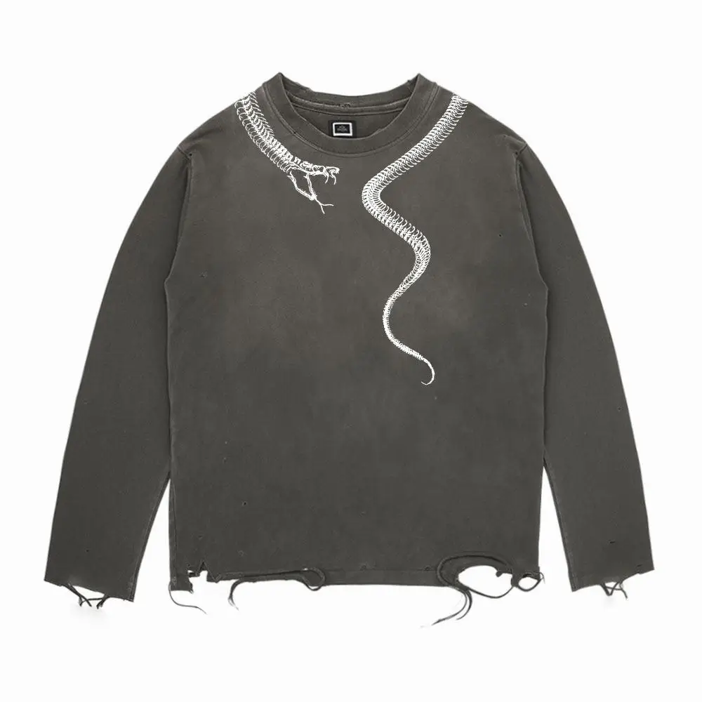 Spring and Autumn New Dark Gothic Punk Style Subculture Snake Print Black Loose Casual Men's Round Neck Long Sleeve T-Shirt