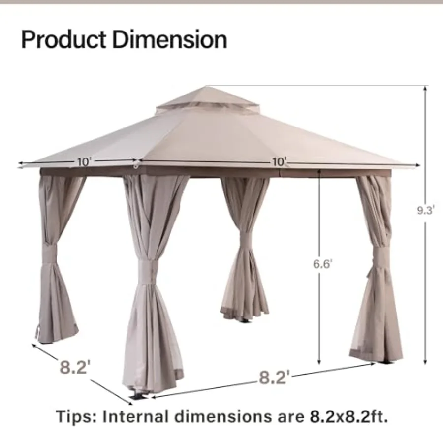 Gazebo 10x10ft, Heavy Duty Patio Gazebo with Expansion Bolts, Party Canopy Tent with Double Roofs, Mosquito Nettings and Privac