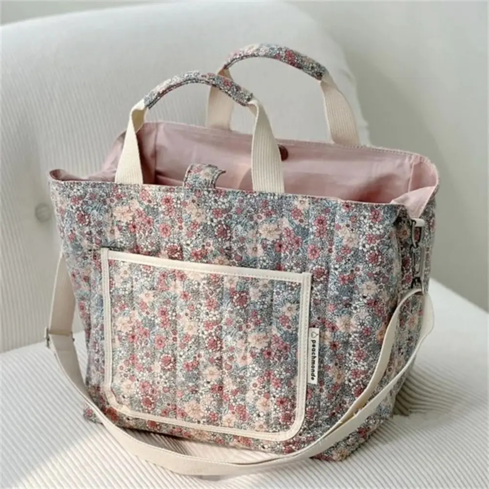 

Floral Printing Mummy Baby Bag Large Capacity Cotton Crossbody Bag Lightweight Multifunctional Diapers Stroller Bag Women