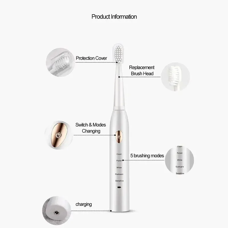 Rechargeable Electric Toothbrush - Electronic Whitening Teeth Brush with Timer Washable Replaceable Clean Head for Oral Care