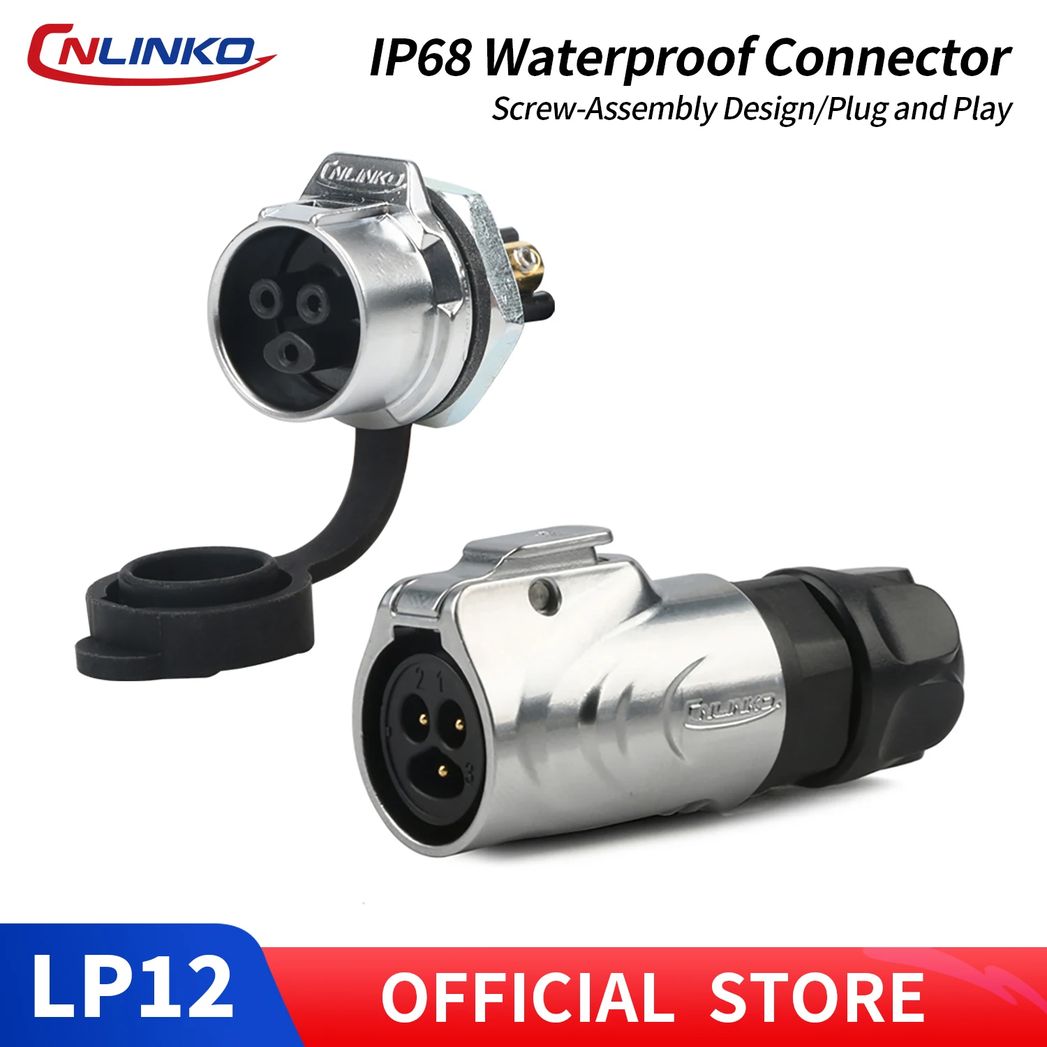 CNLINKO M12 Waterproof Screw Connector 3 Pin 5A 125V Circular Plug and Socket with Tool-Free Screw Termination for Outdoor LED