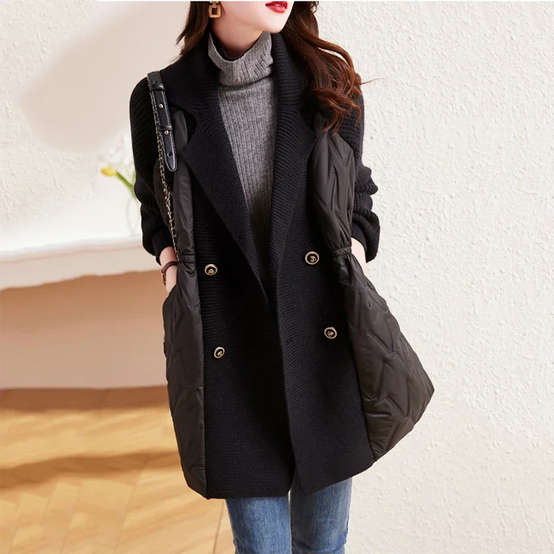 

Autumn Winter Sweater Splicing Cotton Clothing Thickened Coat for Women Knitted Solid Color Sweater Lapel Double Breasted Coat