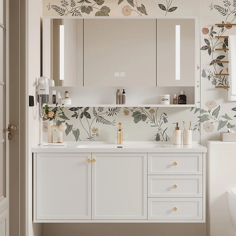 Mirrored Cabinet,French Retro American Style Solid Wood Bathroom Cabinet Modern Vanity Integrated LED Mirror Lacquer-Treated Doo