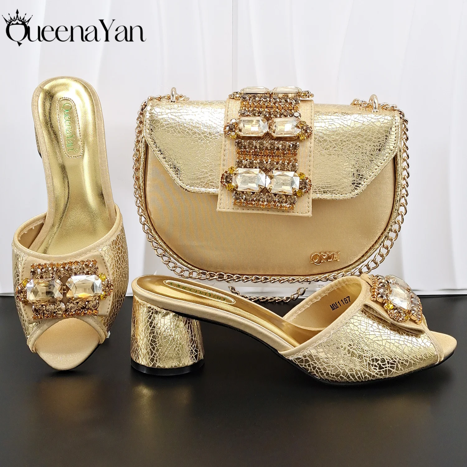 QueenaYan 2026 New Fashion Shoes Italian Design Comfortable Women's Shoes with Diamond Oval Bag Women's High Heels for Party