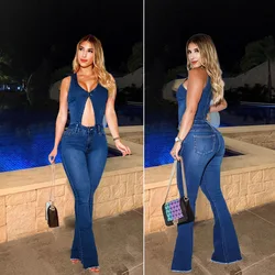 Full Length Denim Flare Pants Women Vintage Overalls Washed Pockets Solid Basics High Waist Hollow Sexy 2024 Loose Spliced