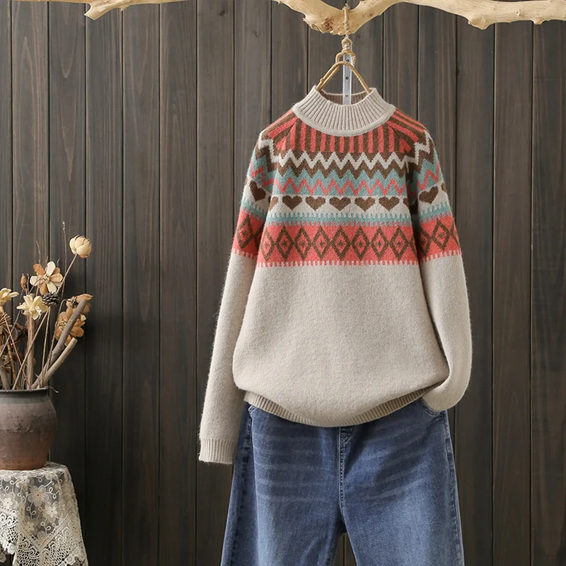 

Women's Vintage Jacquard Knitted Sweater, Turtleneck Pullovers, Loose, Thick, Warm, Female Pulls, Winter Outwear, Coats Tops