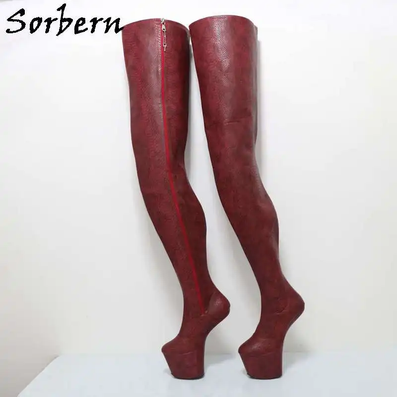 Sorbern Light Hoof Heelless Crotch Boot Women 99cm Long Hard Shaft Wine Red Python Side Zipper Matte Custom Boot For Women