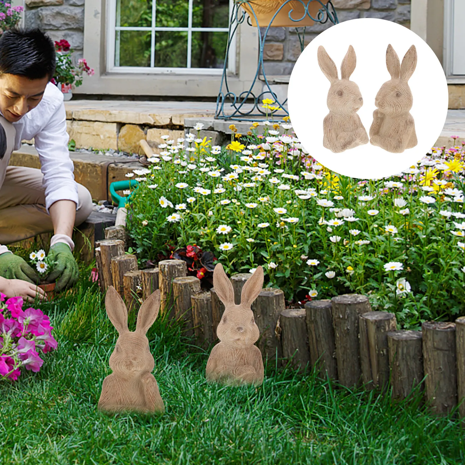 

2Pcs Vintage Resin Rabbit Ornament Cartoon Bunny Decorative Miniature Garden Yard Micro Landscape Indoor Outdoor Decor