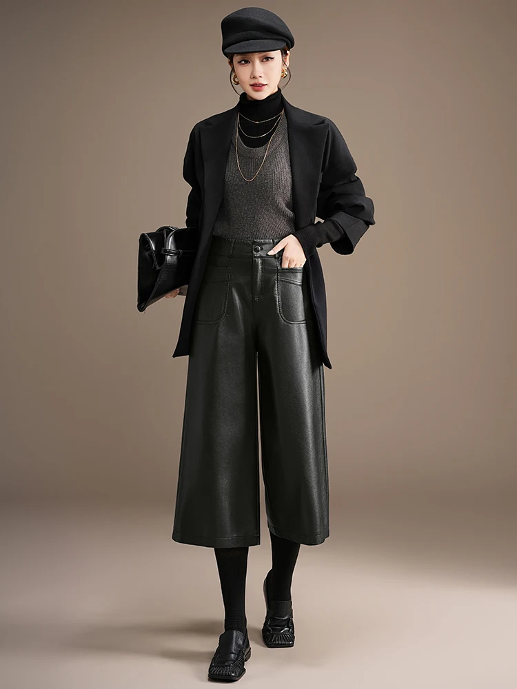 ZUZK جودة عالية بولي Leather الجلود كابري السراويل جديد إمرأة 2026 الخريف الشتاء شيك قصيرة بولي بنطال بنطال جلدي أنيق بنطال جلدي #2