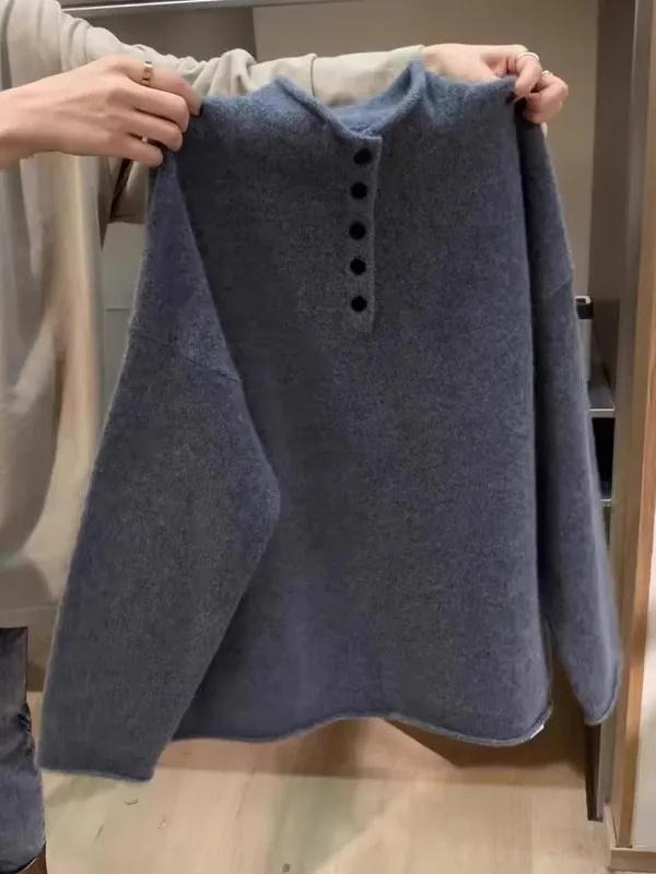 

ay Knitted Sweater Women's Loose Fit Spring Faion plus Size Lazy Sle f Buttoned Cuffed Sve Long round Ne Top