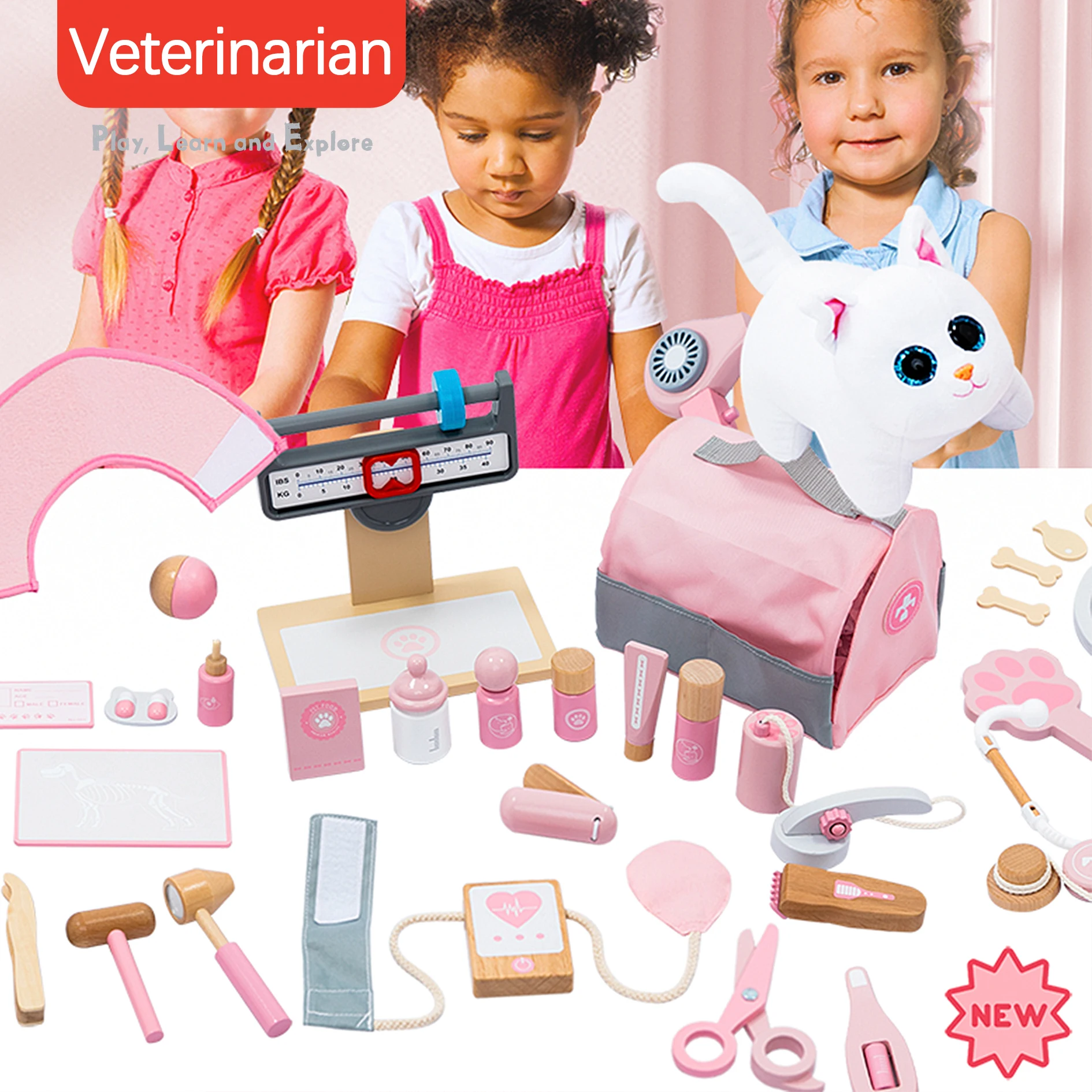 

Wooden Pink Pet Vet Pretend Play Toy Set -Suitable For Children's Imaginative Role Play Developing Empathy And Fine Motor Skills
