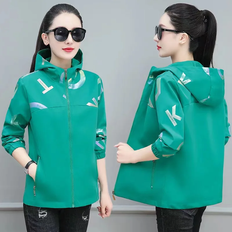 

2024 New Women's Jacket Korean Spring Autumn Casual Hooded Loose Zipper Female Windbreaker Jacket Ladies Outwear Overcoat