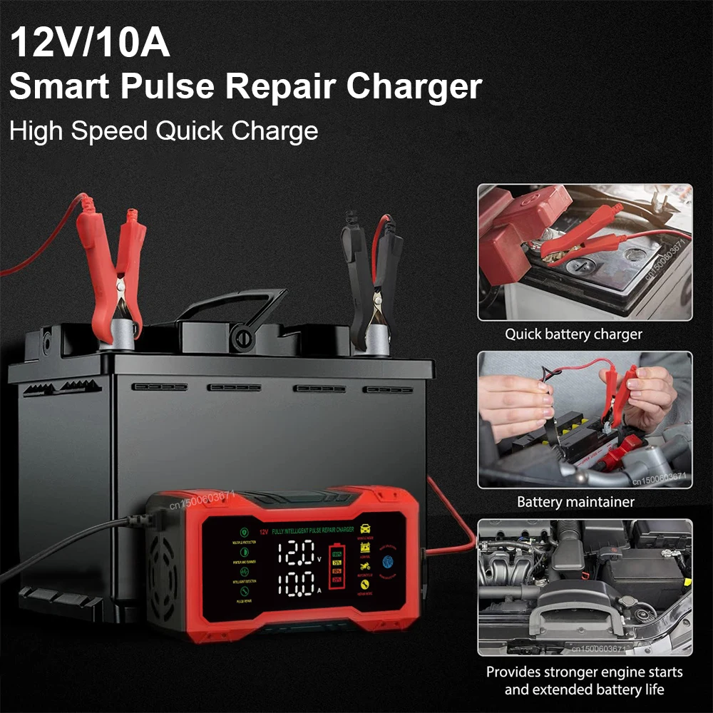 12V 10A Car Battery Charger Large Screen One-Touch Pluse Repair Charger for Auto Moto SUV Lithium AGM Lead Acid GEL LCD Display