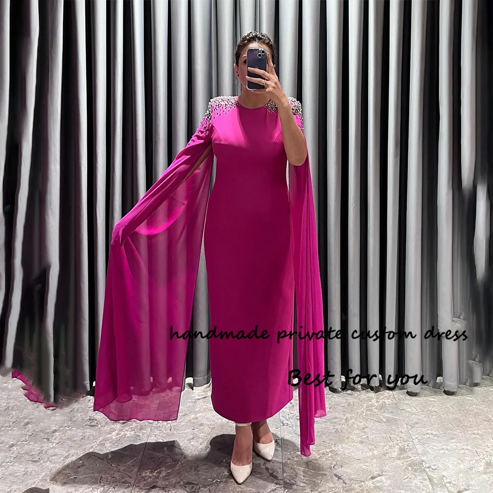 

Hot Pink Satin Evening Dresses Pearls Beads Cape Sleeve Mermaid Formal Prom Dress Ankle Length Dubai Arabia Formal Gowns