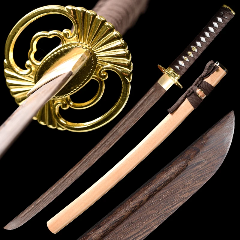 Funktionelles 78 cm großes Wakizashi japanisches Samurai-Schwert, Holzklinge, Iaito-bereites Training, Metall, Tsuba, echte volle Tang-Dekoration, Katana