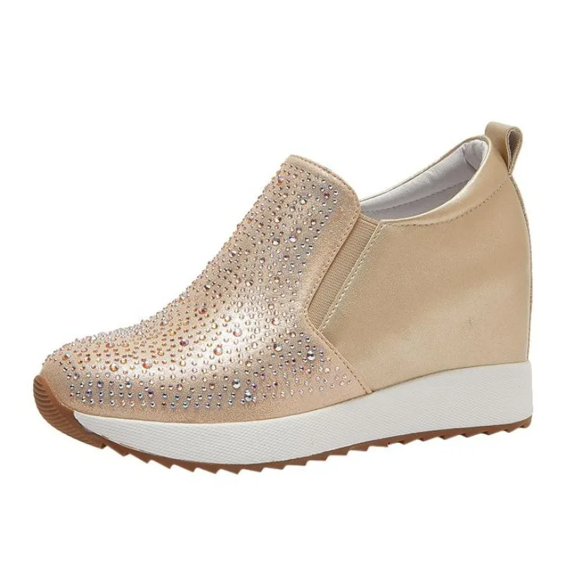 7CM Genuine Leather Women Shoes Casual High Brand Spring Autumn Bling Crystal Platform Wedge Sneaker Breathable Vulcanize Shoes