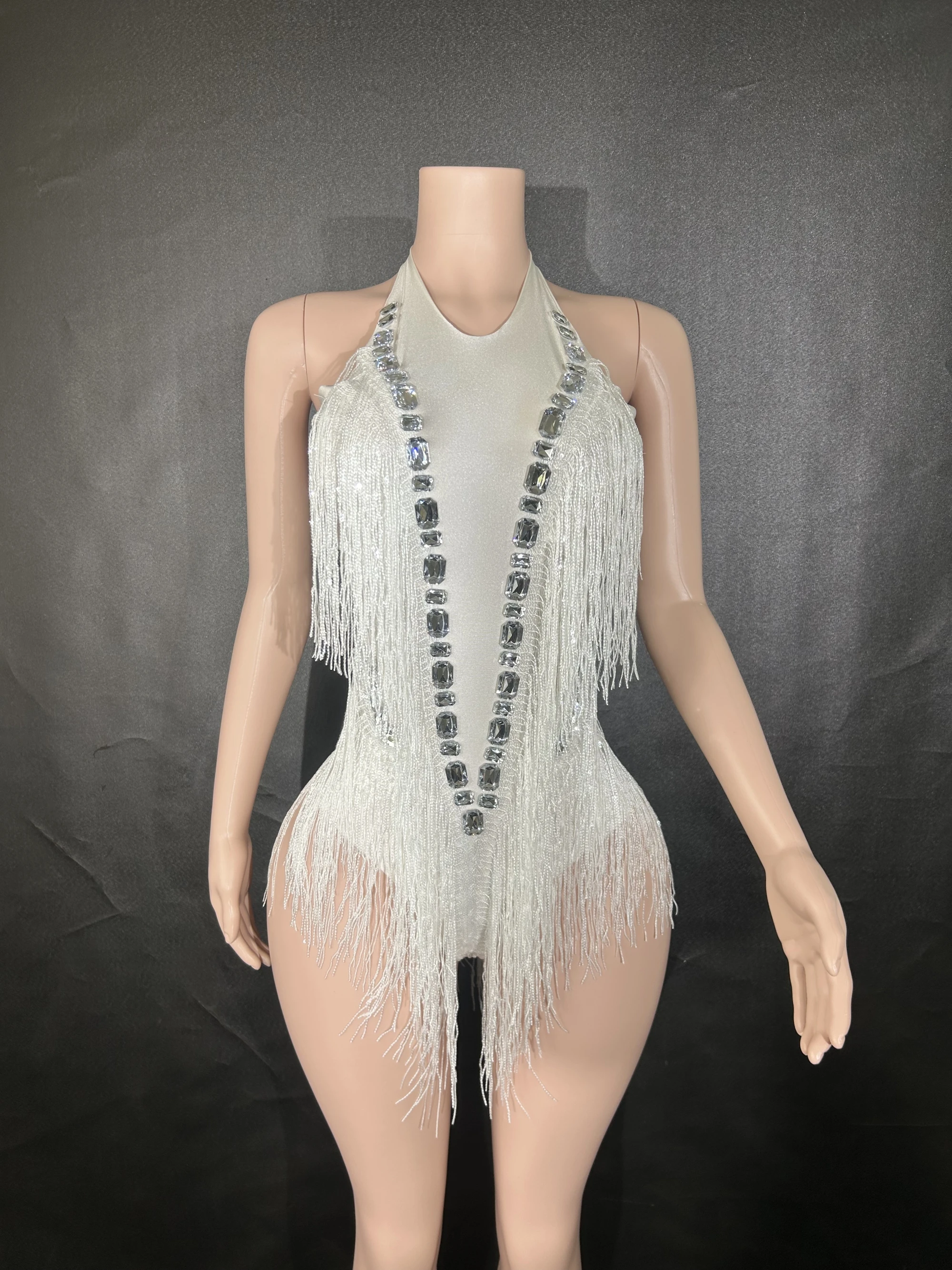 Sparkly Rhinestones Sequins Tassel LeotardWomen Nightclub Outfit Singer Dancer CostumeStage Wear Sexy Performance Bodysuit  7G