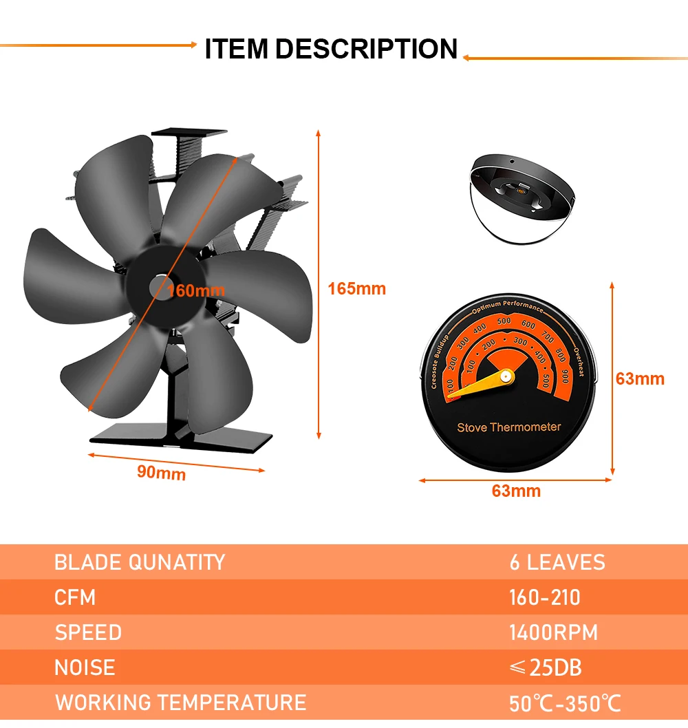 6 Blades Heat Powered Stove Fan Black Fireplace Fan Log Wood Burner Eco Quiet Fireplace Fan Home Efficient Heat Distribution