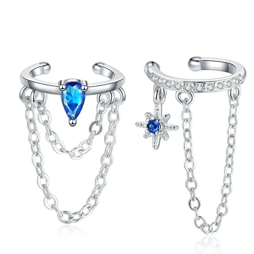 925 Sterling Silver Ear Clips Double Chain Blue Teardrop Ear Clips Ladies Fashionable Simple Birthday Anniversary Jewelry Gift