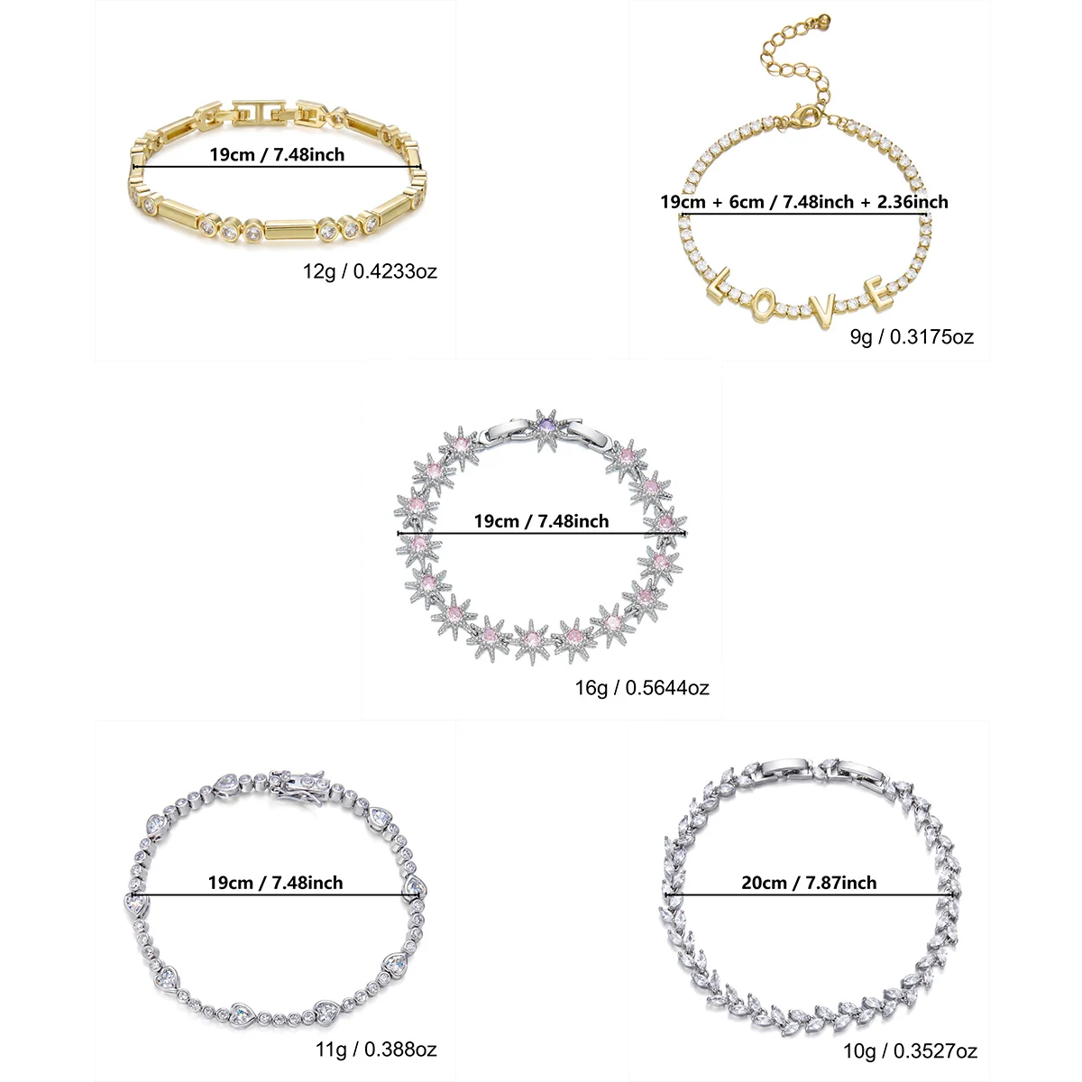Exquisite glänzende Zirkon-Armbänder mit runden, herzförmigen, quadratischen, Weizenblatt- und Sternen-Elementen für Damen und Herren, schlichte Sonnen- und LOVE-Buchstaben-Armreifen, Schmuck. – Detail 27