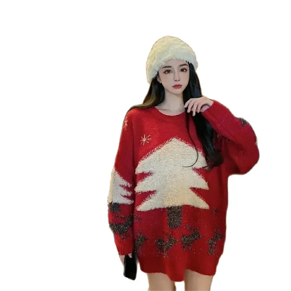 

Christmas Tree Sequined Sweater Women Thickened Autumn And Winter 2024 New Lazy Wind Loose Wear Knitted Cardigan Coat Tide.