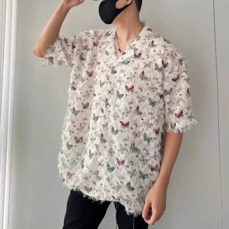 Vintage Niche Butterfly Burr Edge Tassels Short Sleeved Shirt Male Summer High Street Loose Comfortable Fashion All-match Shirt