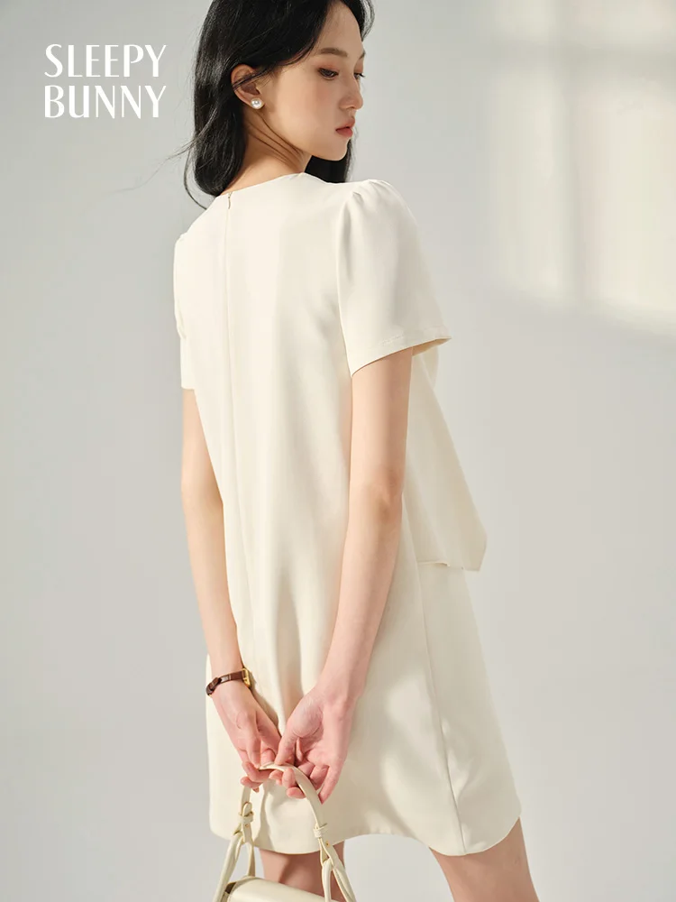 Doce arco vestido de manga curta feminino verão falso de duas peças a linha mini vestido elegante estilo coreano roupa diária ou data olhar