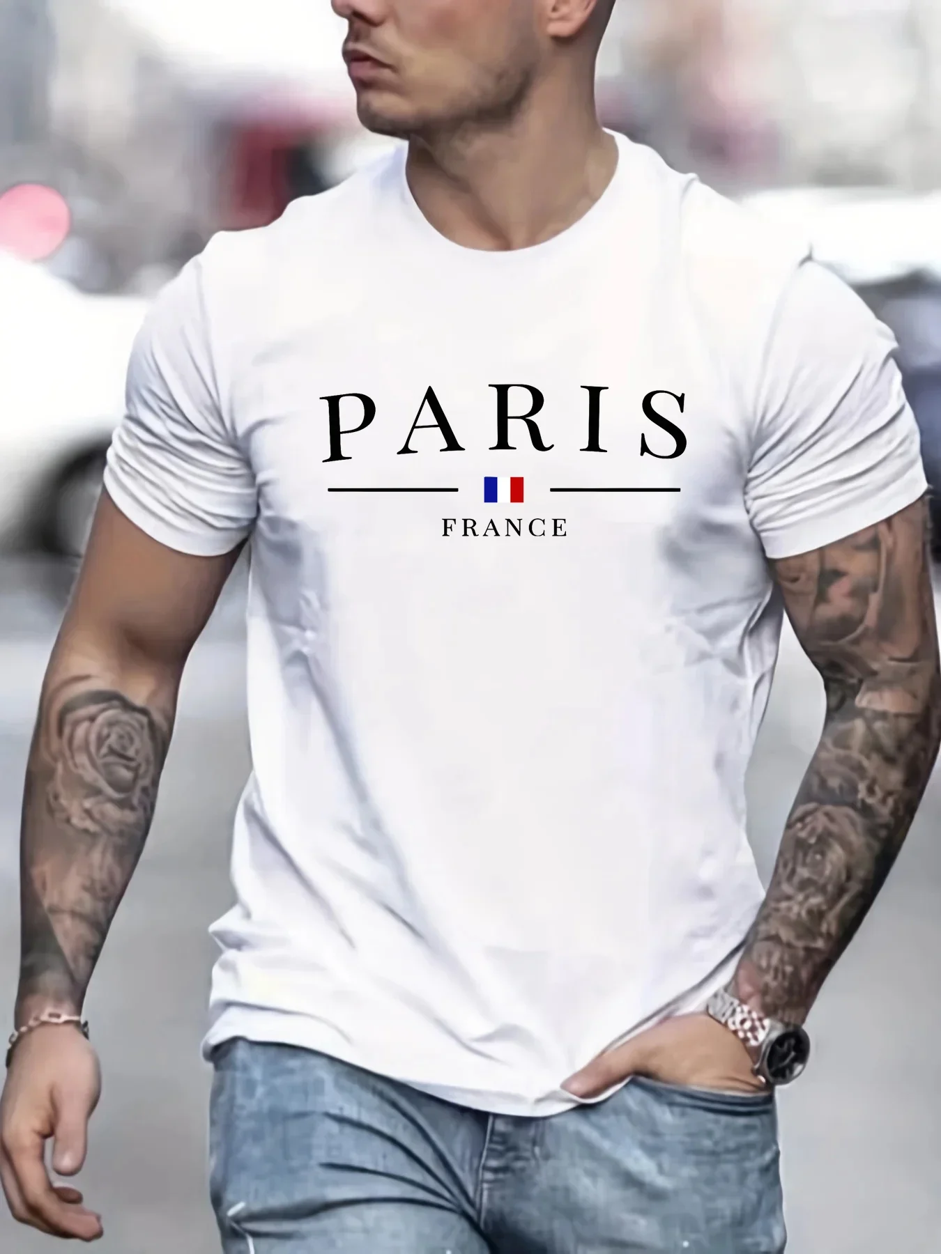 

Parisian pattern printed comfortable summer men's 100% cotton casual loose large-sized round-neck short-sleeved T-shirt high-qua