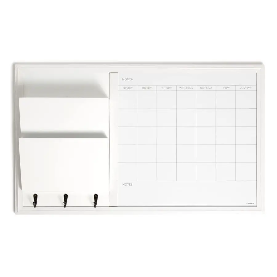 

Brands Organization Center Dry Erase Calendar White Board with White Frame, Office Supplies, with Hooks and Mail Sorter 18 x 30