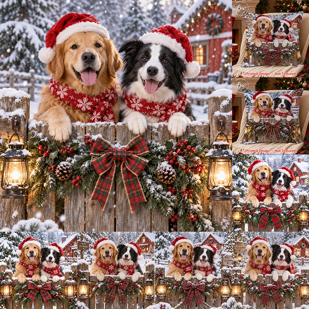 1pc Christmas Golden Retriever & Border Collie Throw Pillow Cover, Winter Snowy Farmhouse Decor Cushion Case
