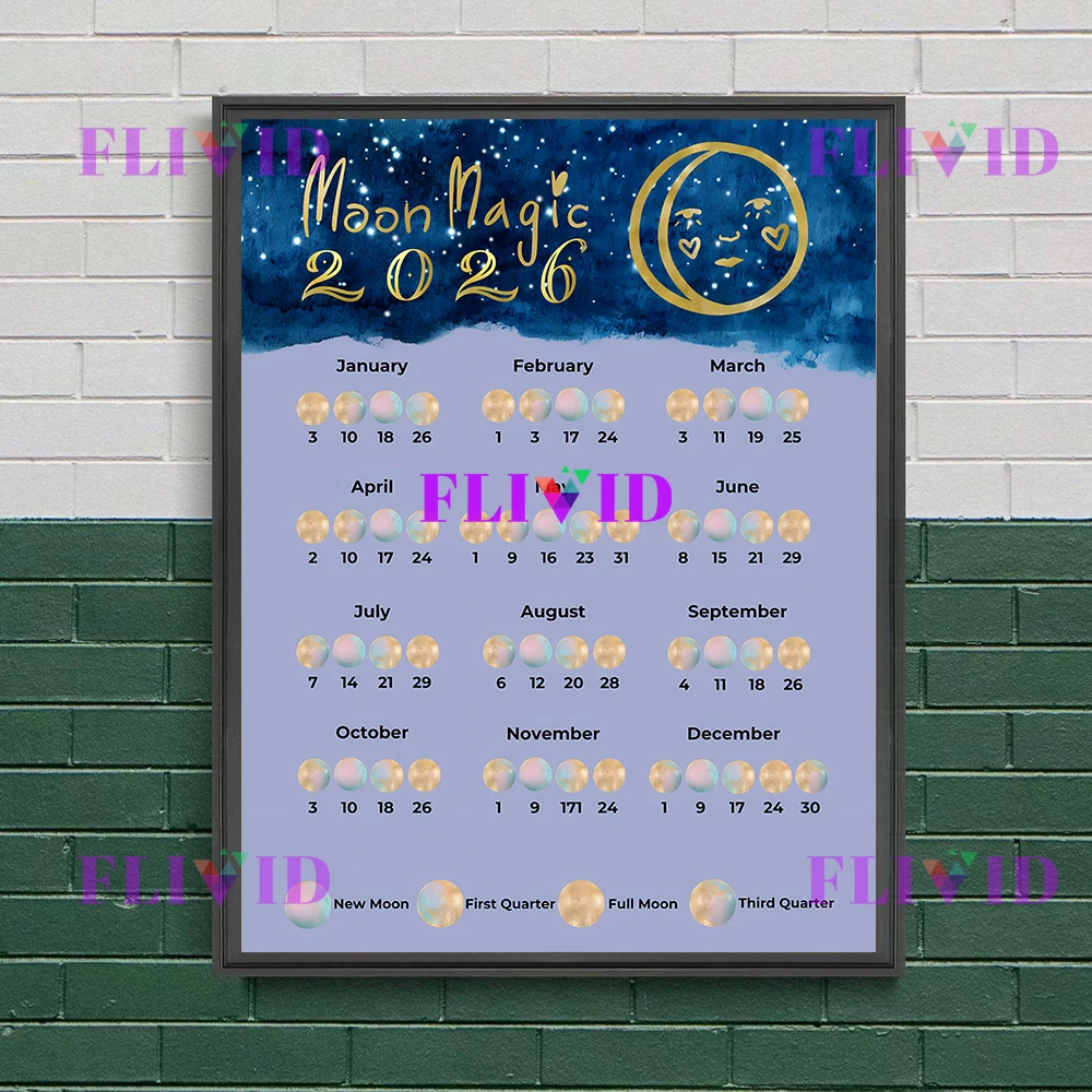 2026 القمر التقويم ويتشي غريموير صفحات الرسم على لوحات القماش الجدارية ، 2026 مراحل القمر التقويم ملصق فني طباعة ديكور المنزل غير المؤطرة