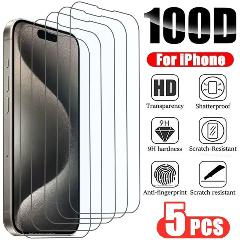 5Pcs Tempered Glass for IPhone 14 13 12 11 Pro Max Screen Protector for IPhone 12Mini 13Mini 7 8 15 Plus SE X XS XR 14Pro Glass