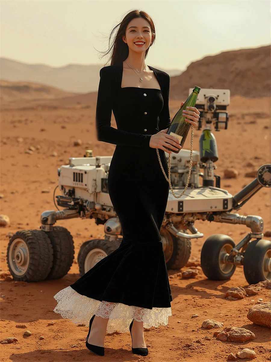 Vestidos femininos estilo coreano preto drapeado em camadas babados até o tornozelo tecido fairycore outono fantasia moda