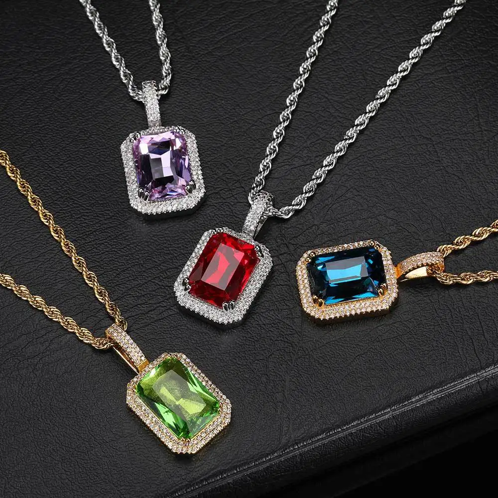 Gold Color Iced Out Pendants Necklaces For Women Hip Hop Square Zircon Man Necklace Stainless Steel Chain Hippie Jewelry OS140