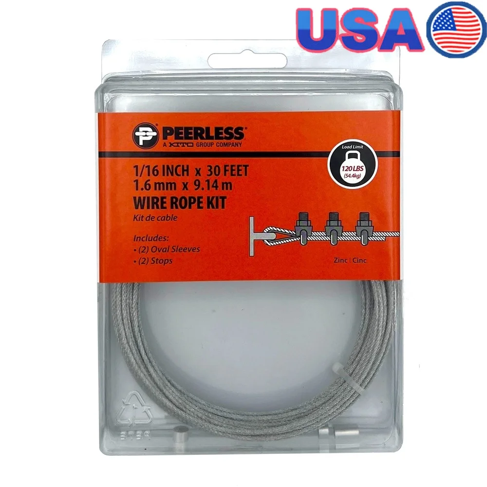 

1/16" Galvanized Wire Rope Kit 30' with Ferrules Stops Durable Multi-Purpose Towing Hanging Equipment Easy Installation