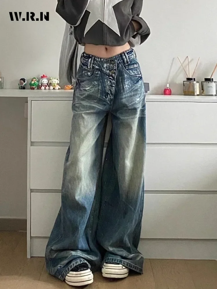 Women's Casual Style Harajuku Jeans 2024 Autumn Vintage Blue Loose Washed Pants Y2K Wide Leg Punk Baggy Sexy Denim Trouser