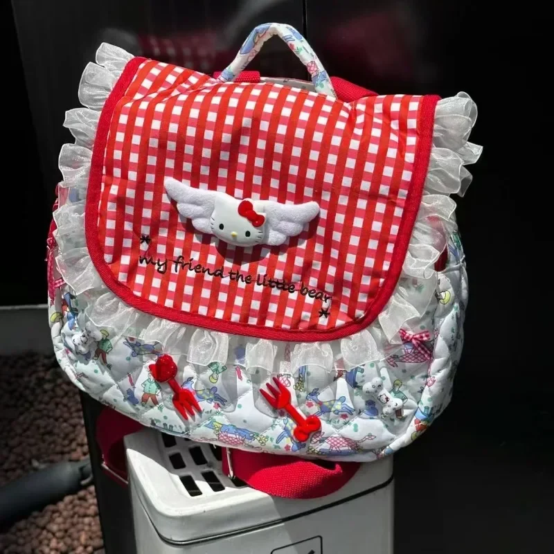 New Hello Kitty Backpack Cartoon Kitty Cat Red Plaid Large Capacity Backpack Lace Decoration Summer Handbag Y2k Cute Girl Gift