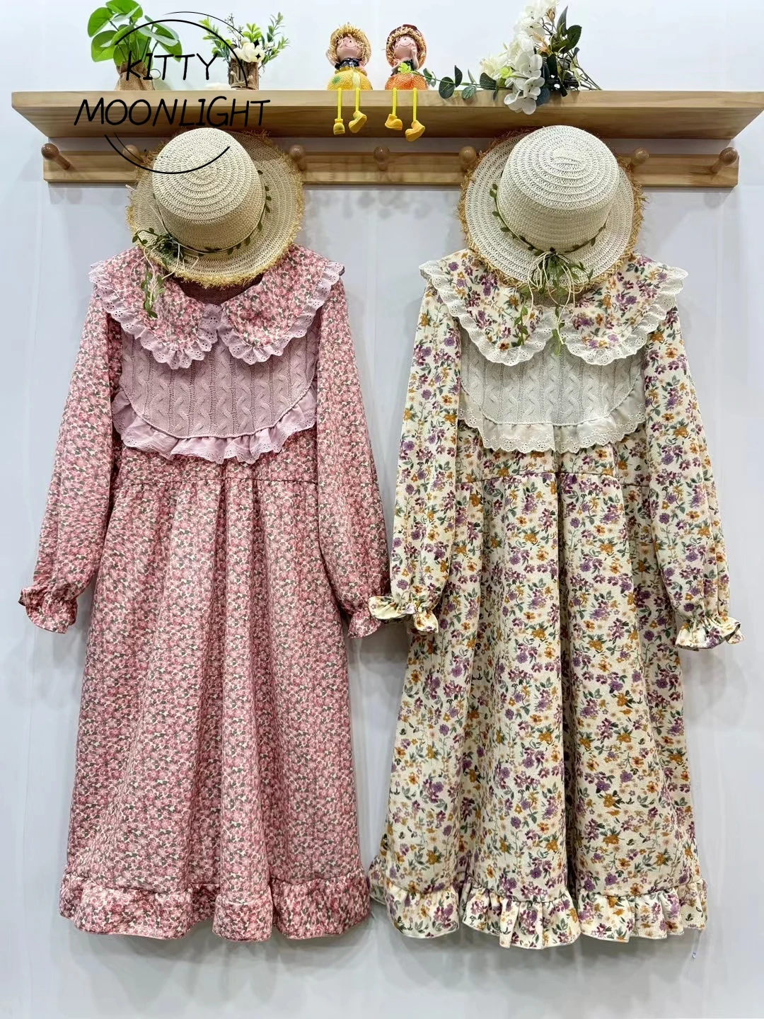 Vintage Floral Printed Corduroy Dress For Women Autumn Japanese Mori Girl Kawaii Lace Doll Collar Casual Loose Long Dresses