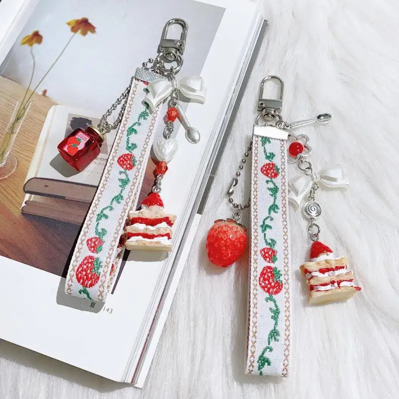 Cute Strawberry Cake Short Mobile Phone Lanyard Bag Pendant For Women Fashion Versatile Keychain Backpack Decoration Gifts