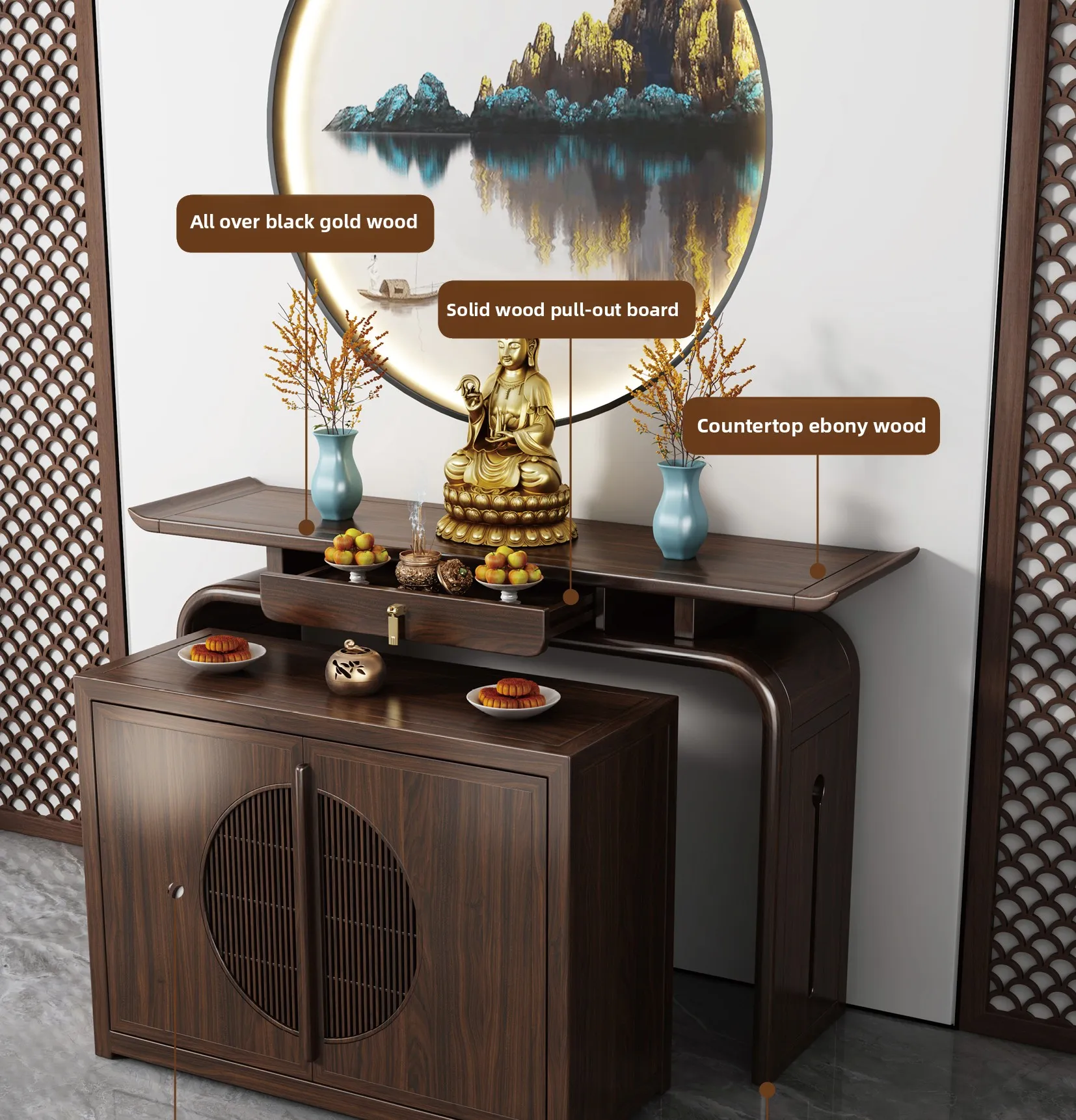 YFY New Chinese-style Offering Table Buddhist Hall Guanyin God of Wealth  Solid Wood  Shrine  Tai  Incense Case  Tai Gong Tai